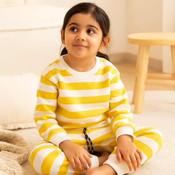 Kids Fleece Tracksuit Wide Stripes Yellow - Mini Charm