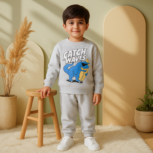 Kids Printed Tracksuit Waves Ash Grey - Mini Charm