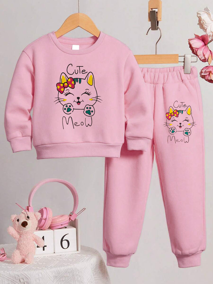 MINI CHARM GIRLS FLEECE TRACKSUIT CUTE MEOW BABY PINK 7-8Y