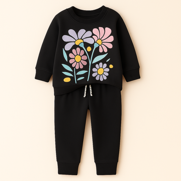Kids Printed Tracksuit Flowers Black - Mini Charm