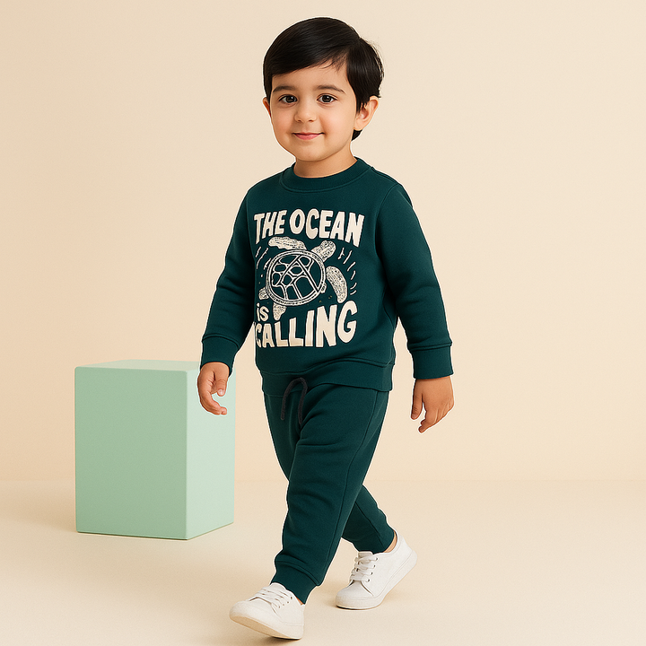 MINI CHARM KIDS FLEECE TRACKSUIT THE OCEAN IS CALLING DARK GREEN 5-6Y
