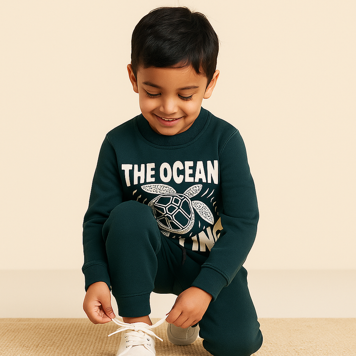 MINI CHARM KIDS FLEECE TRACKSUIT THE OCEAN IS CALLING DARK GREEN 5-6Y