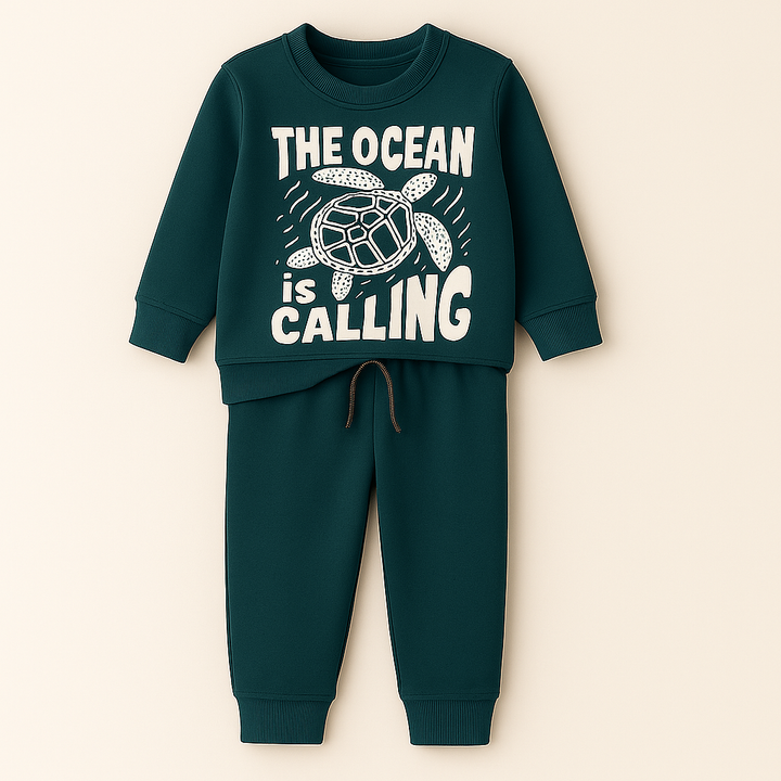 MINI CHARM KIDS FLEECE TRACKSUIT THE OCEAN IS CALLING DARK GREEN 5-6Y