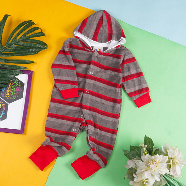 OOLAA BABY TERRY CLOTH HOODED ROMPER STRIPES RED & CHARCOAL (9-12)M