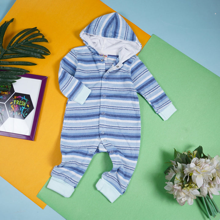 OOLAA BABY TERRY CLOTH HOODED ROMPER BLUE & WHITE STRIPES (9-12)M