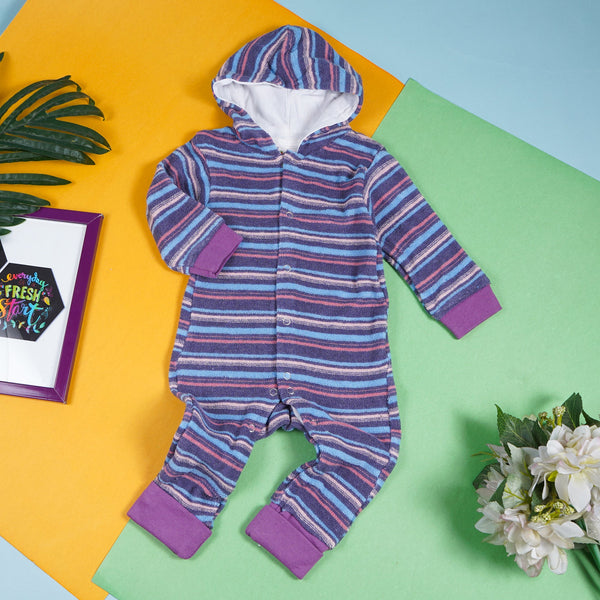 OOLAA BABY TERRY CLOTH HODDED ROMPER BLUE & PURPLE STRIPES (9-12)M