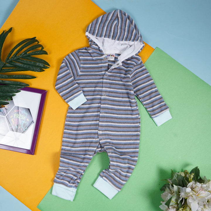 OOLAA BABY TERRY CLOTH HODDED ROMPER BLUE & GREY STRIPES (9-12)M