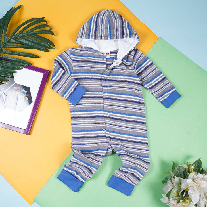 OOLAA BABY TERRY CLOTH HODDED ROMPER ROYAL BLUE STRIPES (9-12)M