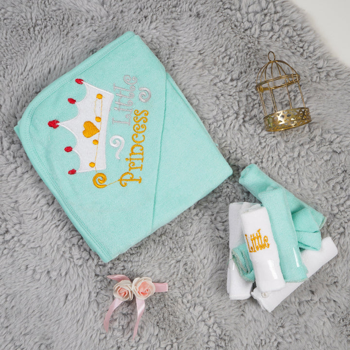 OOLAA BABY HOODED TOWEL & WASHCLOTHS LITTLE PRINCESS SEA GREEN