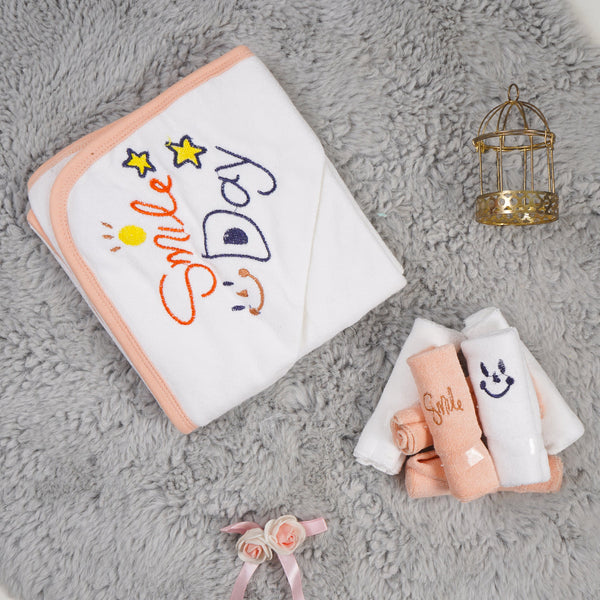 OOLAA BABY HOODED TOWEL & WASHCLOTHS SMILE DAY PEACH