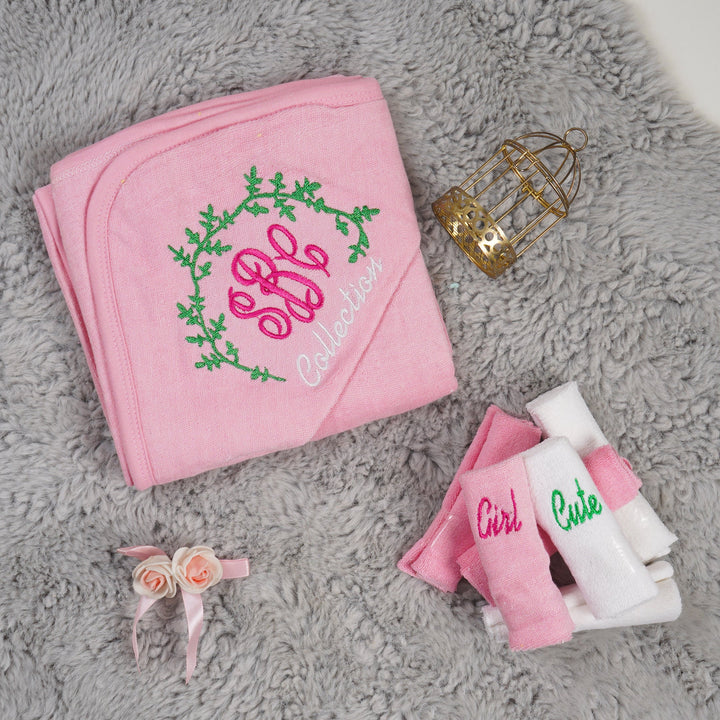 OOLAA BABY HOODED TOWEL & WASHCLOTHS CUTE GIRL PINK