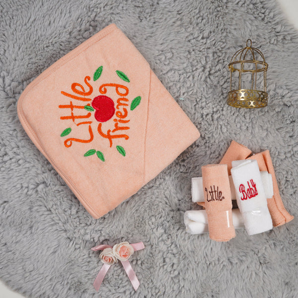 OOLAA BABY HOODED TOWEL & WASHCLOTHS LITTLE FRIEND PEACH