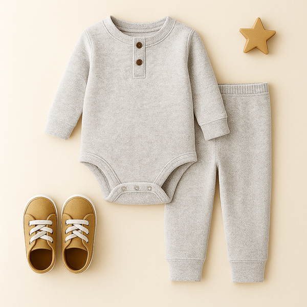 Baby Warm Full Sleeves Bodysuit & Pajama Set Textured Grey - Oolaa