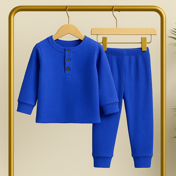 Kids Ribbed Henley Pajama Set Royal Blue - Oolaa