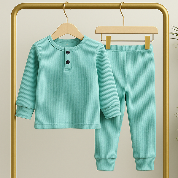 Kids Ribbed Henley Pajama Set Aqua Blue - Oolaa