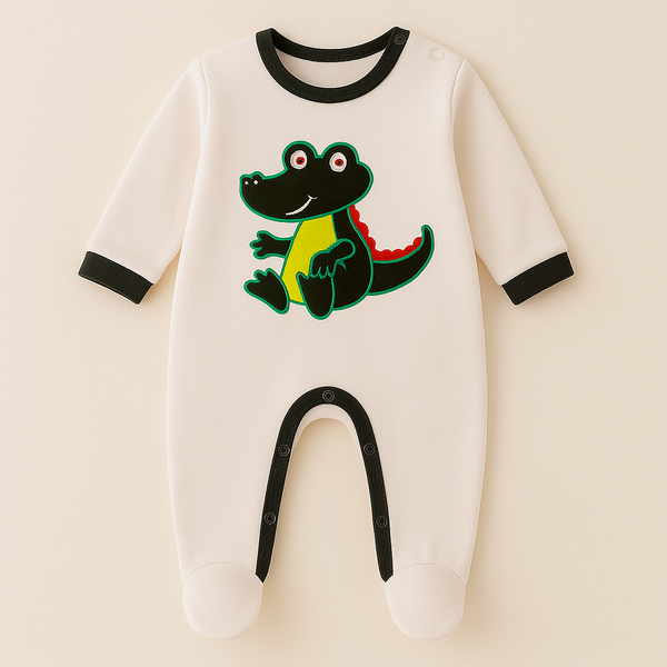 Baby Full Body Fleece Sleepsuit With Attached Socks Crocodiles Off White - Oolaa