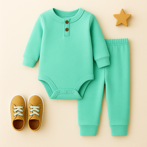 Baby Warm Full Sleeves Bodysuit & Pajama Set Sea Green - Oolaa