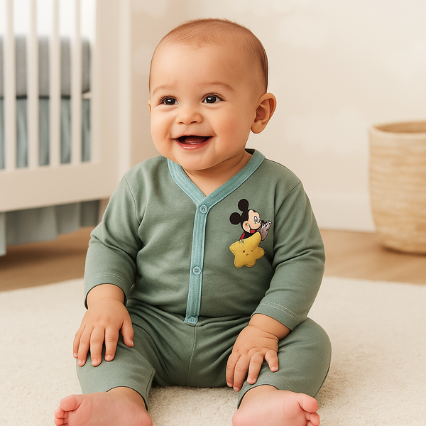 Baby Cotton Sleepsuit Pajama Set Micky Mouse Green - Oolaa