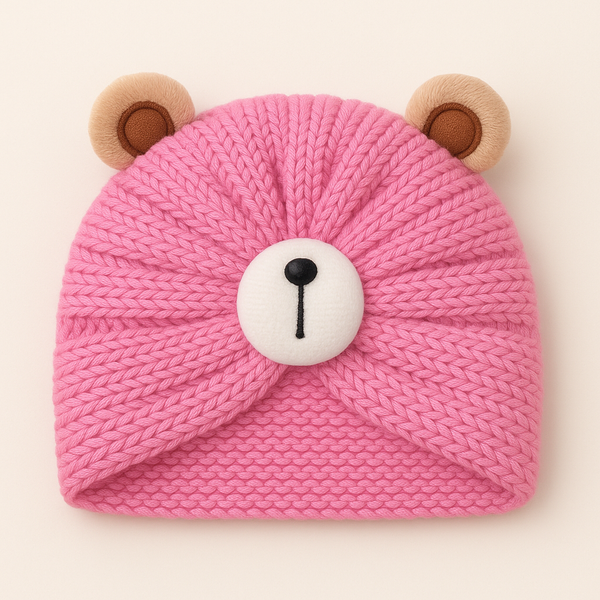 SUNSHINE BABY WOOLEN TURBAN CAP BEAR PINK