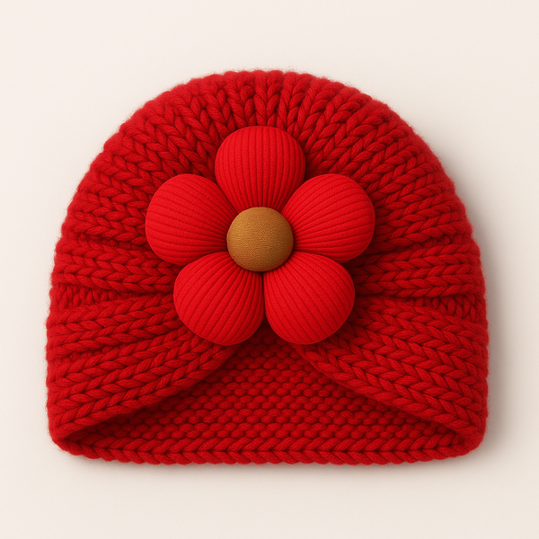 SUNSHINE BABY WOOLEN TURBAN CAP FLOWER RED