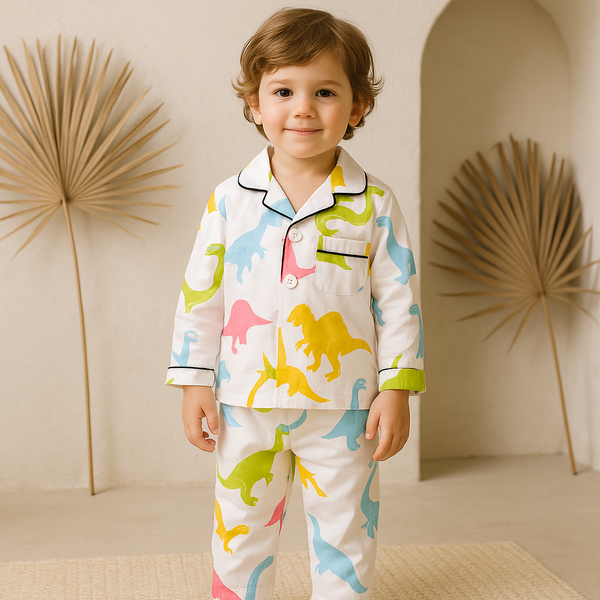 Kids Full-Sleeves Cotton Night Suit Dinosaurs Pink - Mini Charm