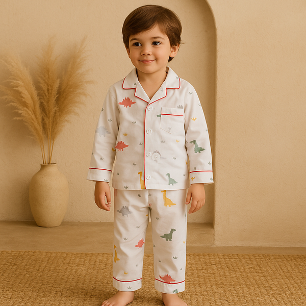 Kids Full-Sleeves Cotton Night Suit Dinosaurs Off White - Mini Charm