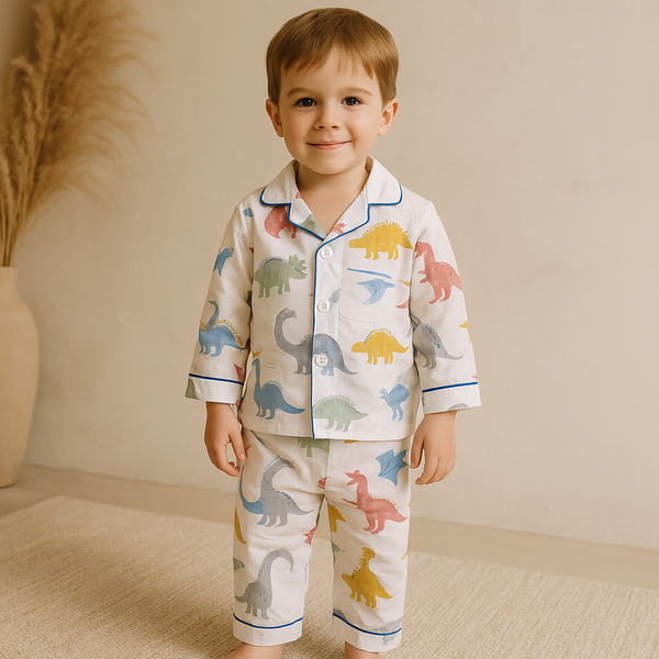 Kids Full-Sleeves Cotton Night Suit Dinosaurs Red - Mini Charm