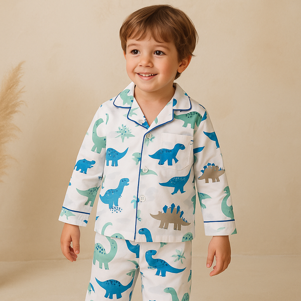 Kids Full-Sleeves Cotton Night Suit Dinosaurs White & Blue - Mini Charm