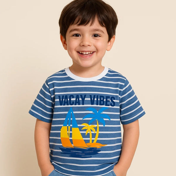 Kids Half-Sleeves T-Shirt Vacay Vibes Stripes Blue - Mini Charm