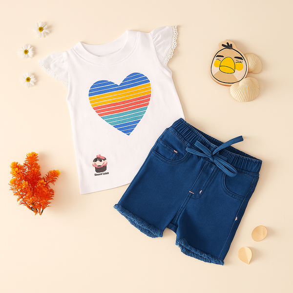 Girls Short & Shirt Set Jeans White - Mini Charm