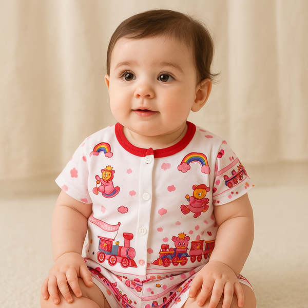 Baby Cotton Half Sleeves Sleepsuit Train Red (0-3 Months) - Sunshine