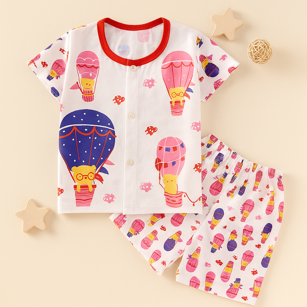 Baby Cotton Half Sleeves Sleepsuit Hot Air Balloon Red (0-3 Months) - Sunshine