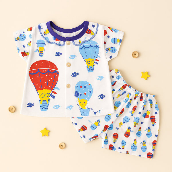 Baby Cotton Half Sleeves Sleepsuit Hot Air Balloon Blue (0-3 Months) - Sunshine