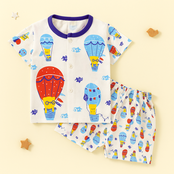 Baby Cotton Half Sleeves Sleepsuit Hot Air Balloon Blue (0-3 Months) - Sunshine
