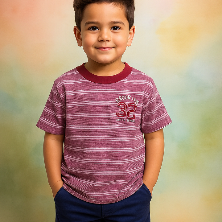 MINI CHARM KIDS NECK T -SHIRT ENGLISH STRIPES MAROON 5Y