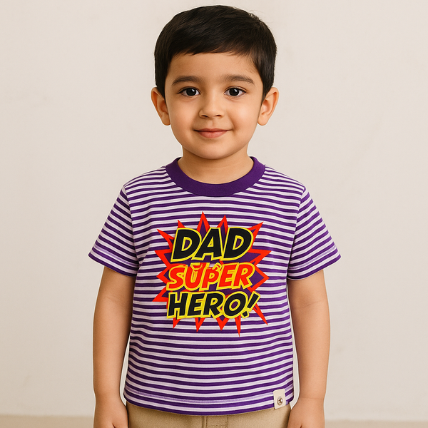 Kids Cotton T-Shirt Superhero Dad Purple Stripes - Mini Champ