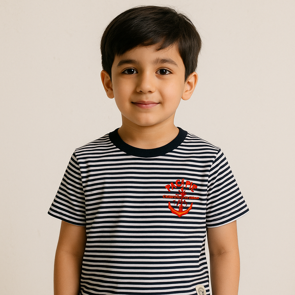 Kids Cotton T-Shirt Pacific Stripes Black - Mini Champ