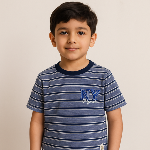 Kids Cotton T-Shirt Ny Stripes Blue - Mini Champ
