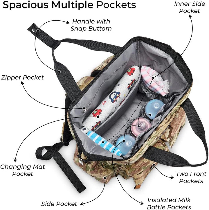 ELLIE & LUKE BABY MULTIFUNCTION DIAPER BAG (WATERPROOF) ARMY STYLE CAMO - PESH