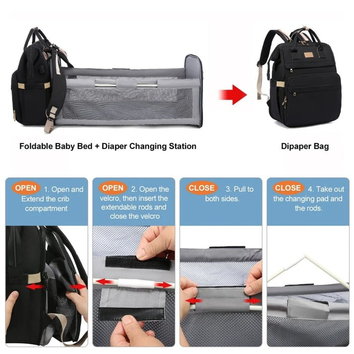 LOVEVOOK 4IN1 BABY DIAPERS BAG (WATERPROOF) WITH PORTABLE BED NAVY BLUE - PESH