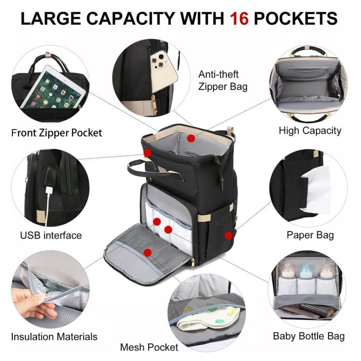 LOVEVOOK 4IN1 BABY DIAPERS BAG (WATERPROOF) WITH PORTABLE BED PEACH - PESH