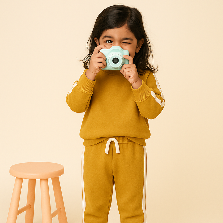 MINI CHARM KIDS FLEECE TRACKSUIT STRIPES PLAIN MUSTARD 9-10Y