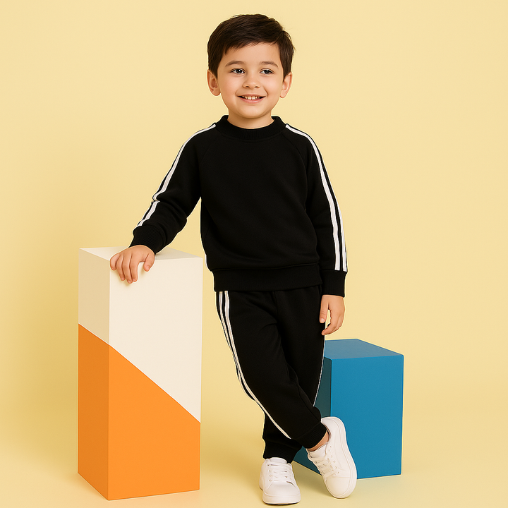 MINI CHARM KIDS FLEECE TRACKSUIT STRIPES PLAIN BLACK 9-10Y