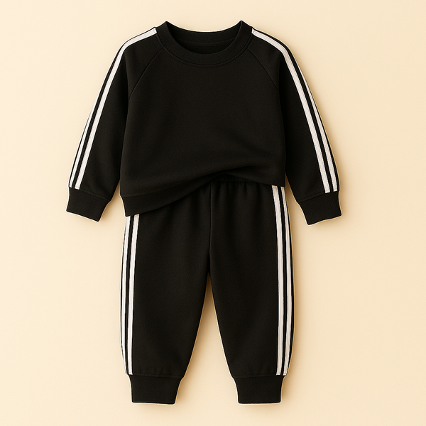 MINI CHARM KIDS FLEECE TRACKSUIT STRIPES PLAIN BLACK 9-10Y
