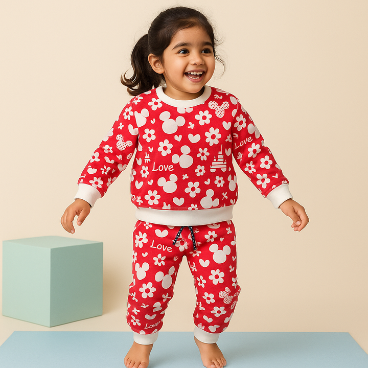 MINI CHARM KIDS FLEECE TRACKSUIT HEARTS AND FLOWERS RED 9-10Y