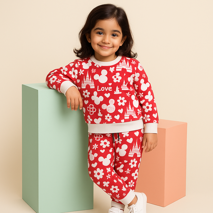 MINI CHARM KIDS FLEECE TRACKSUIT HEARTS AND FLOWERS RED 9-10Y