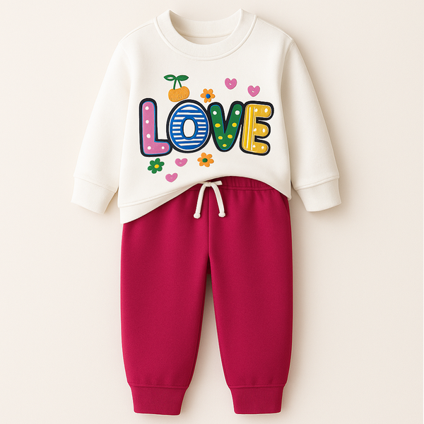 MINI CHARM KIDS FLEECE TRACKSUIT LOVE WHITE & PINK 9-10Y