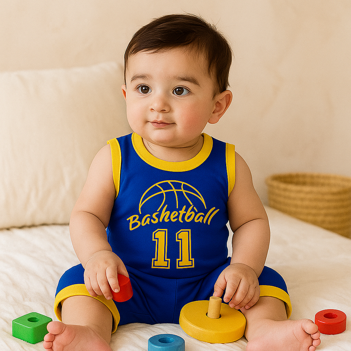 BABA GARMENTS SANDO & SHORT SET  BASKETBALL ROYAL BLUE 7-8 Y