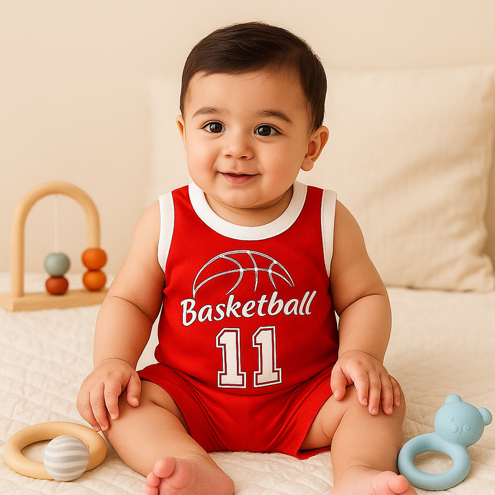BABA GARMENTS SHORT AND SANDO BASKETBALL RED 7-8 Y