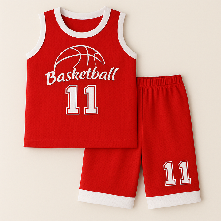 BABA GARMENTS SHORT AND SANDO BASKETBALL RED 7-8 Y